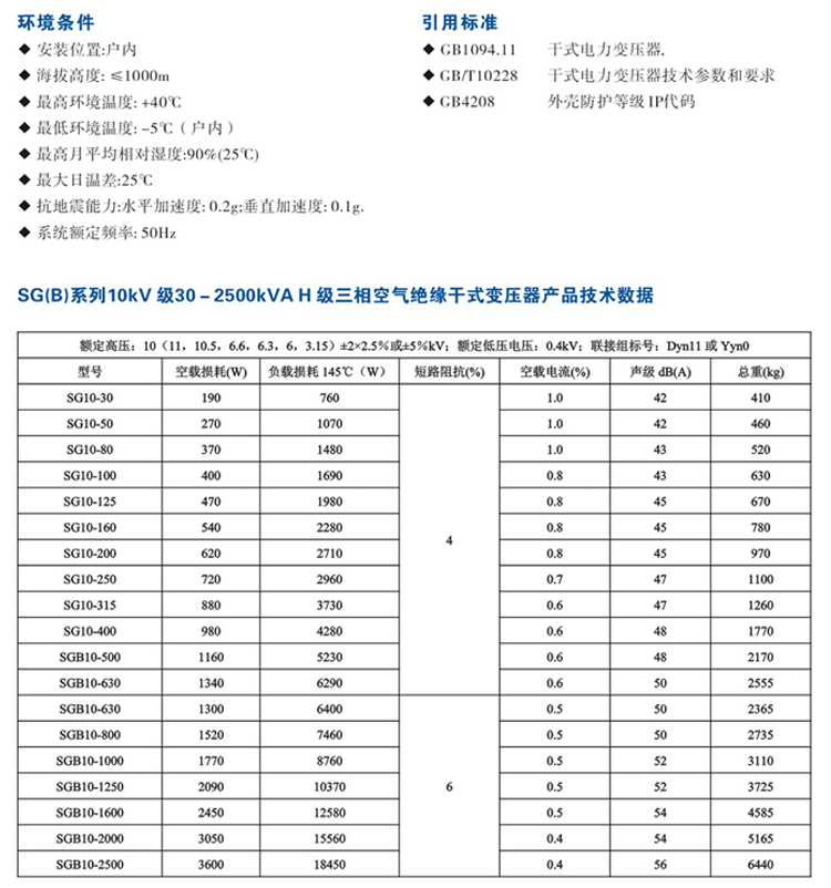 SGB10系列H級(jí)空氣絕緣干式變壓器選型